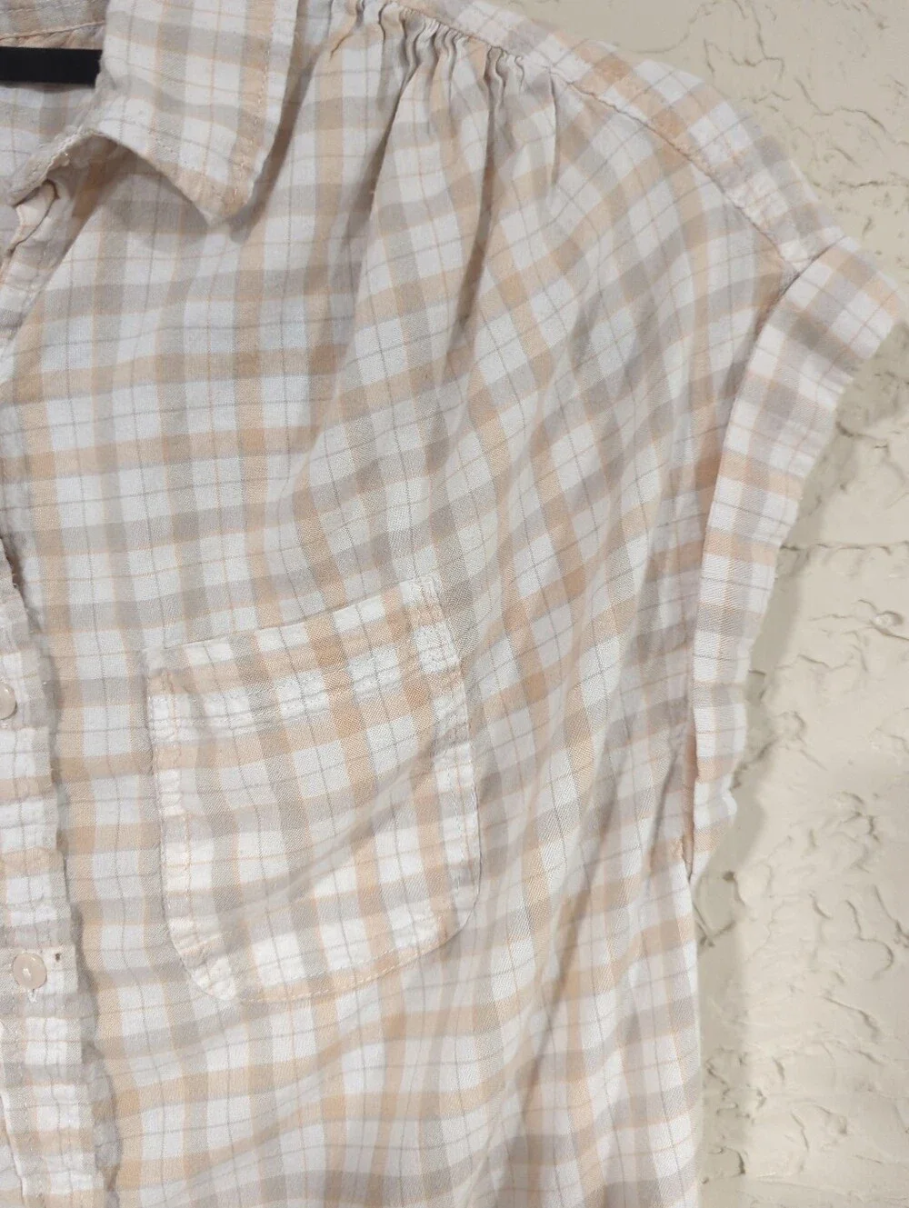 Japna White And Orange Check Plaid Short-Sleeve Button-Up Top - Women's Medium